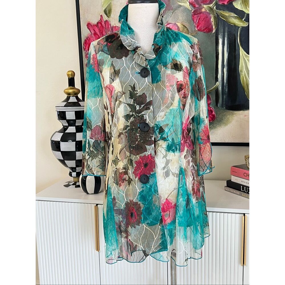 Damee Inc. Womens Floral Mesh Wired Collar Artsy Jacket Tank Set Teal Sz Medium